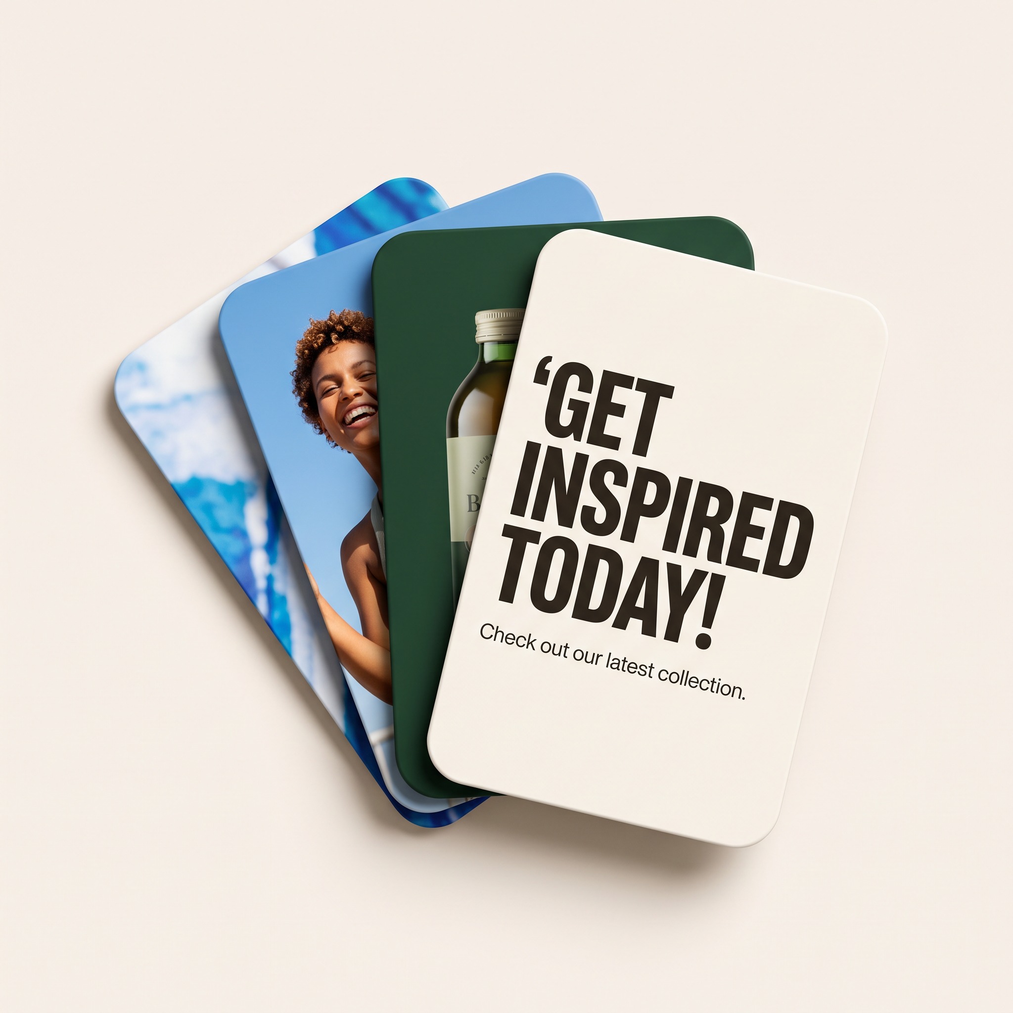 3D fanned stack of ad creative cards, the top one reading “Get inspired today”