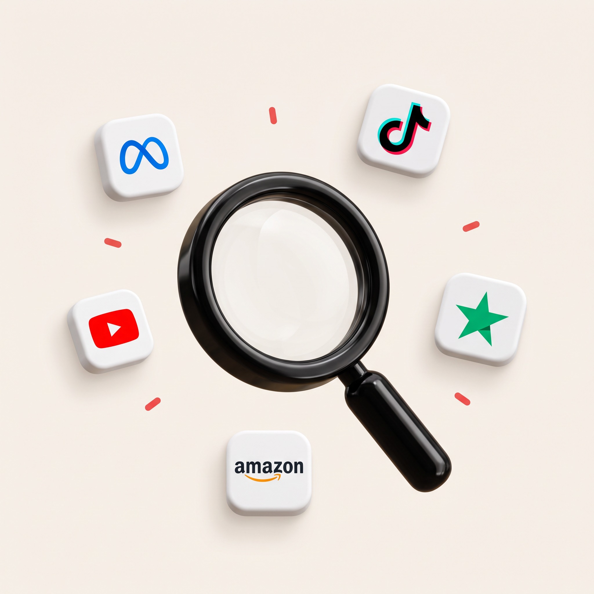 3D magnifying glass surrounded by Meta, TikTok, YouTube, Amazon and Trustpilot app tiles